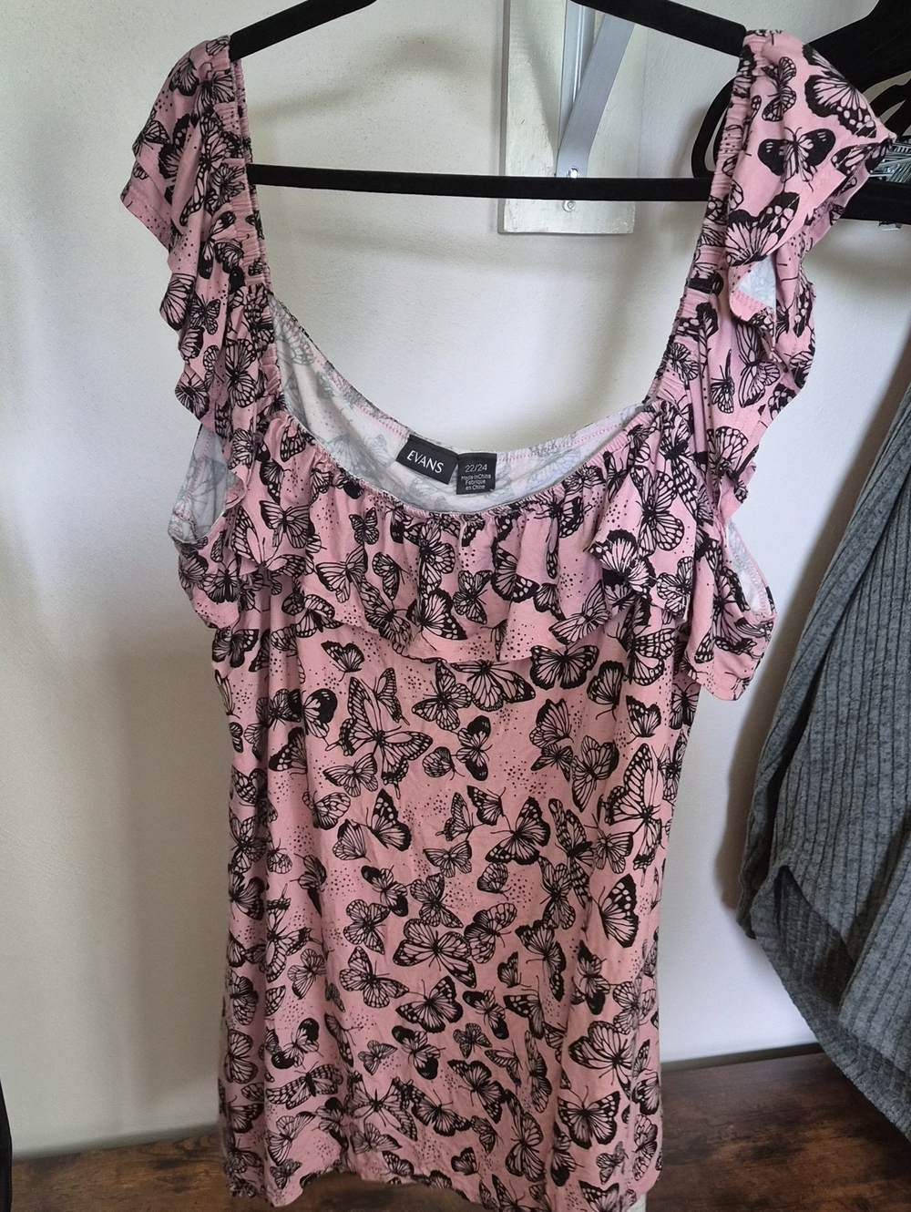 Evans Pink Butterfly Ruffle Strap Tank